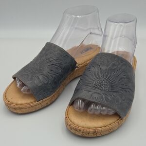 BORN Womens Gray Blue Embossed Floral Leather Wedge Slides Sandal Size 7